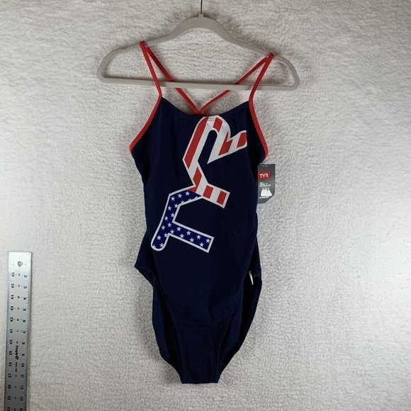 TYR Swimsuit Women's 36 Navy Big Logo USA‎ Cross Back Performance One Piece 8051 - Picture 1 of 5